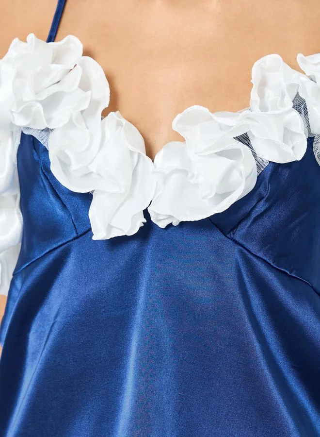 Take Two Navy Blue Navy Blue Ruffle Trim Satin Cami and Pyjama Set for Women | Best Price UAE