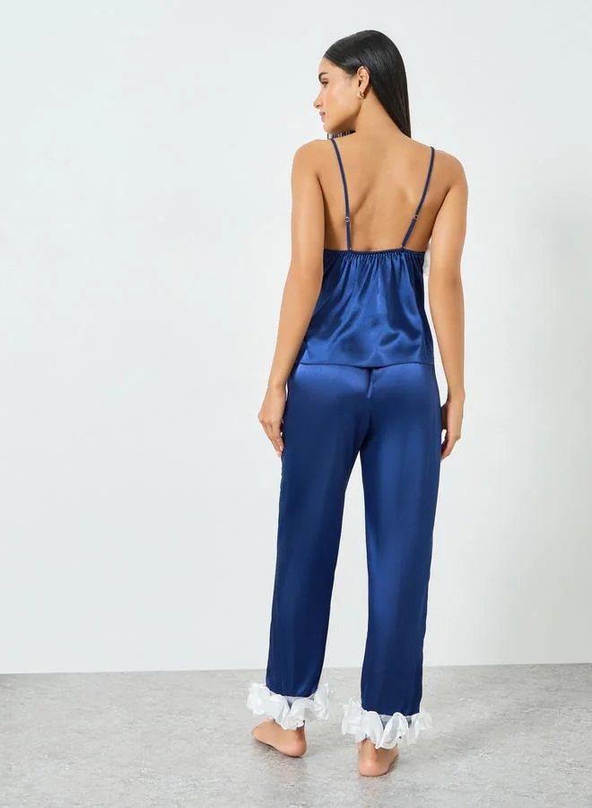 Take Two Navy Blue Navy Blue Ruffle Trim Satin Cami and Pyjama Set for Women | Best Price UAE