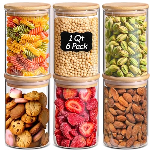 ComSaf 1 Qt Glass Storage Containers with Lids Glass Jars with Lids Clear Food Storage Jar Round Canister Set of 6 Pantry Organizers for Cookie Pasta Flour Rice Tea Coffee Bean - Image 1