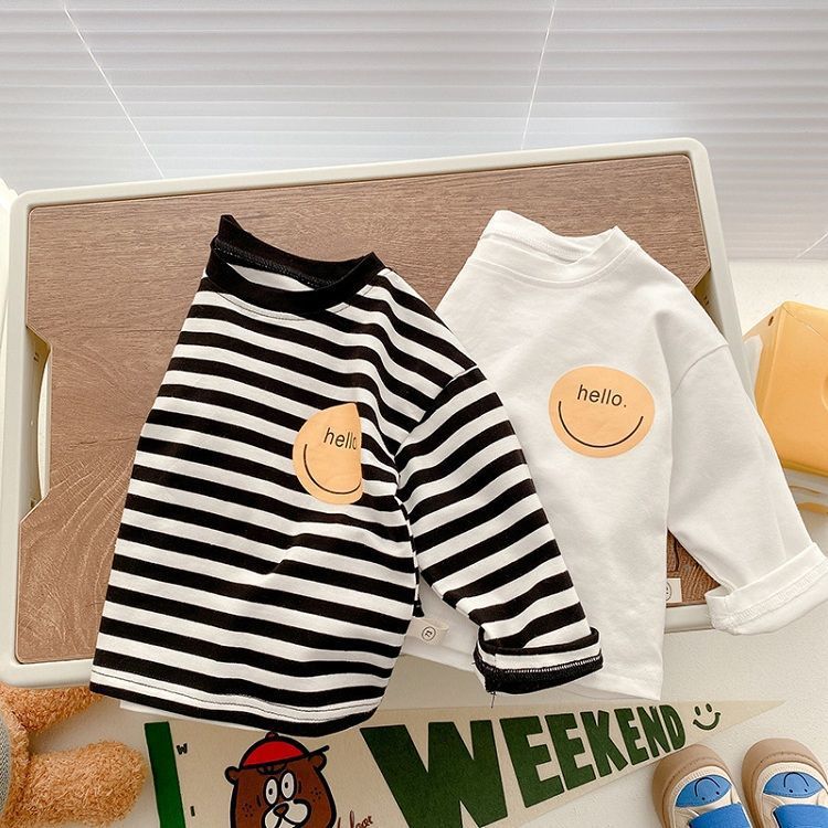 New Boys And Girls Striped Smiley Print Baby Cotton Long Sleeve T-Shirt Loose Baby Base Shirt T Top - Image 3