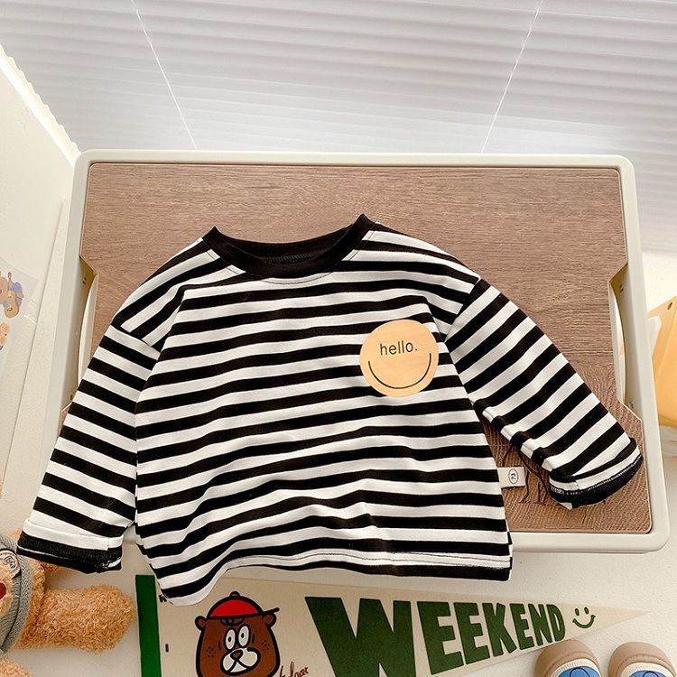 New Boys And Girls Striped Smiley Print Baby Cotton Long Sleeve T-Shirt Loose Baby Base Shirt T Top - Image 1