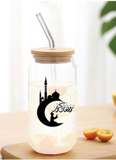 برينت شوب فور مي هدية رمضان كريم وعيد مبارك - زجاجة زجاجية بغطاء من القش وغطاء من الخيزران 455 مل - هدية رمضان لجميع المسلمين  - Image 3