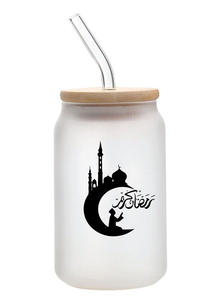 PRINTSHOP4ME Ramadan Kareem and Eid Mubarak Gift - Glass Bottle with Straw & Bamboo Lid 455 ml - Ramadan gift for all Islamic  - Image 1