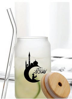 برينت شوب فور مي هدية رمضان كريم وعيد مبارك - زجاجة زجاجية بغطاء من القش وغطاء من الخيزران 455 مل - هدية رمضان لجميع المسلمين  - Image 4
