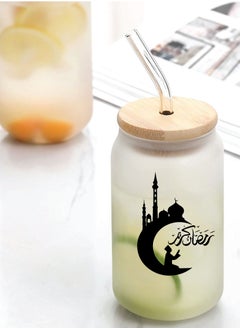 برينت شوب فور مي هدية رمضان كريم وعيد مبارك - زجاجة زجاجية بغطاء من القش وغطاء من الخيزران 455 مل - هدية رمضان لجميع المسلمين  - Image 2