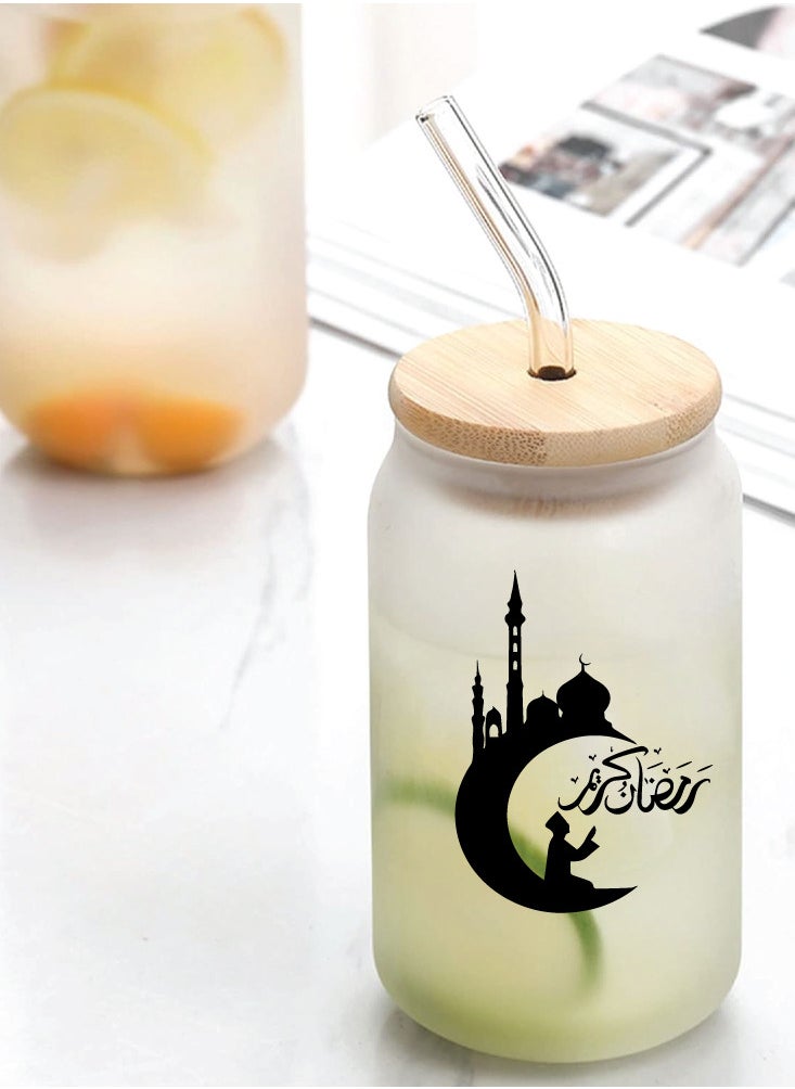 PRINTSHOP4ME Ramadan Kareem and Eid Mubarak Gift - Glass Bottle with Straw & Bamboo Lid 455 ml - Ramadan gift for all Islamic  - Image 2