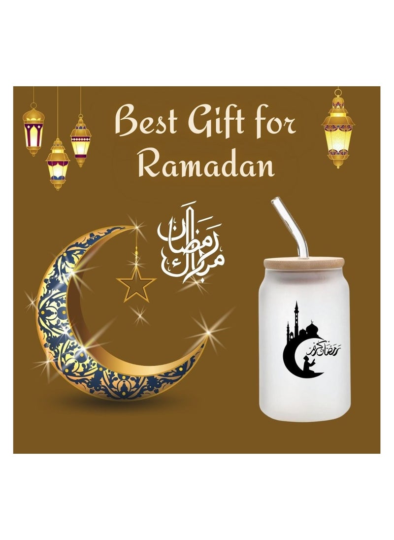 PRINTSHOP4ME - Ramadan Kareem and Eid Mubarak Gift - Glass Bottle with Straw & Bamboo Lid 455 ml - Ramadan gift for all Islamic - Image 1