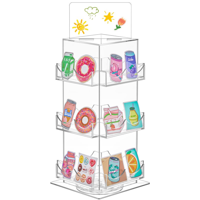 Marsui 3 Tier Rotating Sticker Display Stand, 4 Sided Sticker Holder, 360° Rotating No Assembly Required Clear Acrylic Sticker Holder for Vendors, Retail, Showcase, Tradeshow, 12.6" x 5.9" - Image 1