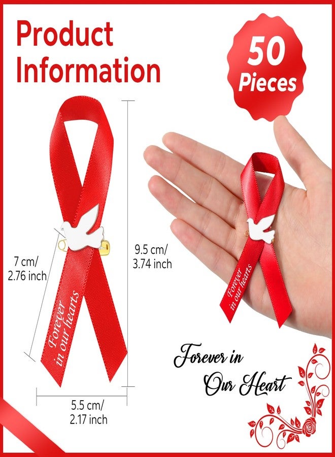 Geosar 50 Pcs Dove Funeral Ribbons Memorial Ribbon Funeral Pins Classic Memorial Service Respect Ribbon Bow with Safety Pins and Dove for Mourning Remembrance Day Event(Red - Image 2