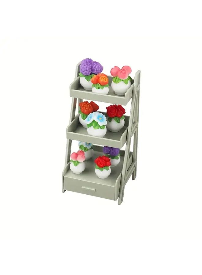 Brown Flower Stand 2 Tier Shelf With Pull Out Drawer For Dollhouse - Image 3