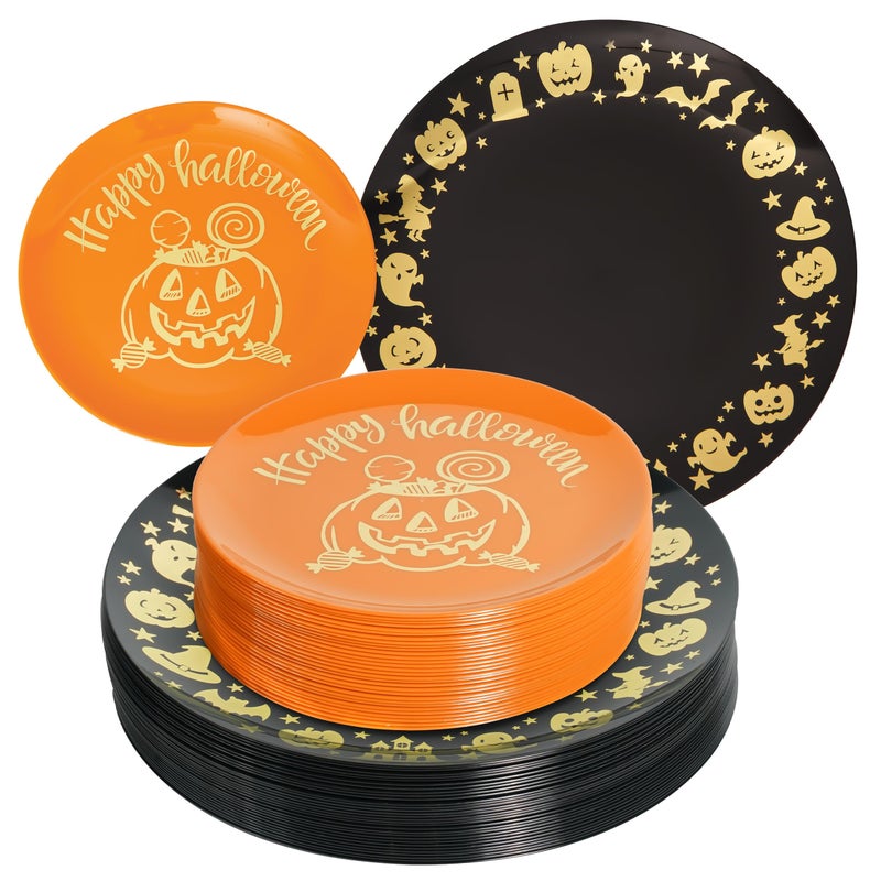 ISFANGCO 60 PCS Plastic Spoof Plates Set for 30 Guests-30 Black Dinner Plates with Gold Ghost Spider 30 Orange Dessert Plate with Gold Pumpkin Lantern - Image 1