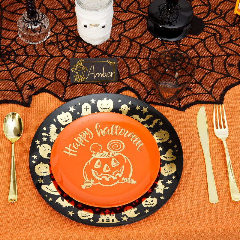 ISFANGCO 60 PCS Plastic Spoof Plates Set for 30 Guests-30 Black Dinner Plates with Gold Ghost Spider 30 Orange Dessert Plate with Gold Pumpkin Lantern - Image 2