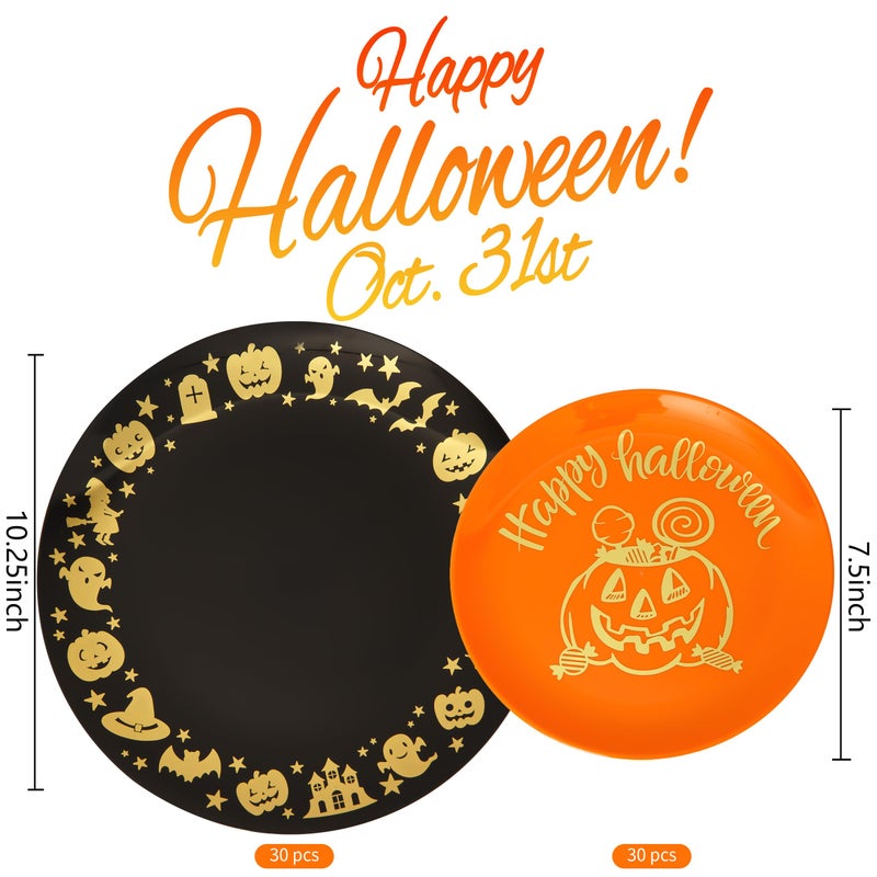 ISFANGCO 60 PCS Plastic Spoof Plates Set for 30 Guests-30 Black Dinner Plates with Gold Ghost Spider 30 Orange Dessert Plate with Gold Pumpkin Lantern - Image 3