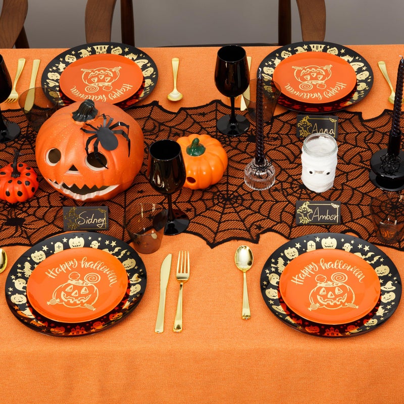 ISFANGCO 60 PCS Plastic Spoof Plates Set for 30 Guests-30 Black Dinner Plates with Gold Ghost Spider 30 Orange Dessert Plate with Gold Pumpkin Lantern - Image 4