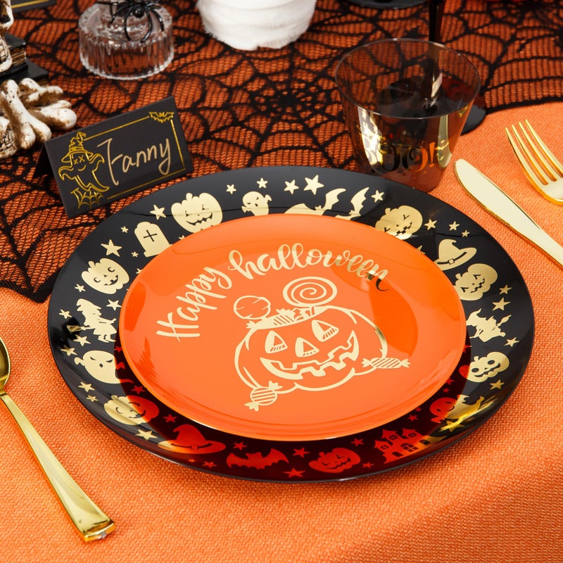 ISFANGCO 60 PCS Plastic Spoof Plates Set for 30 Guests-30 Black Dinner Plates with Gold Ghost Spider 30 Orange Dessert Plate with Gold Pumpkin Lantern - Image 5