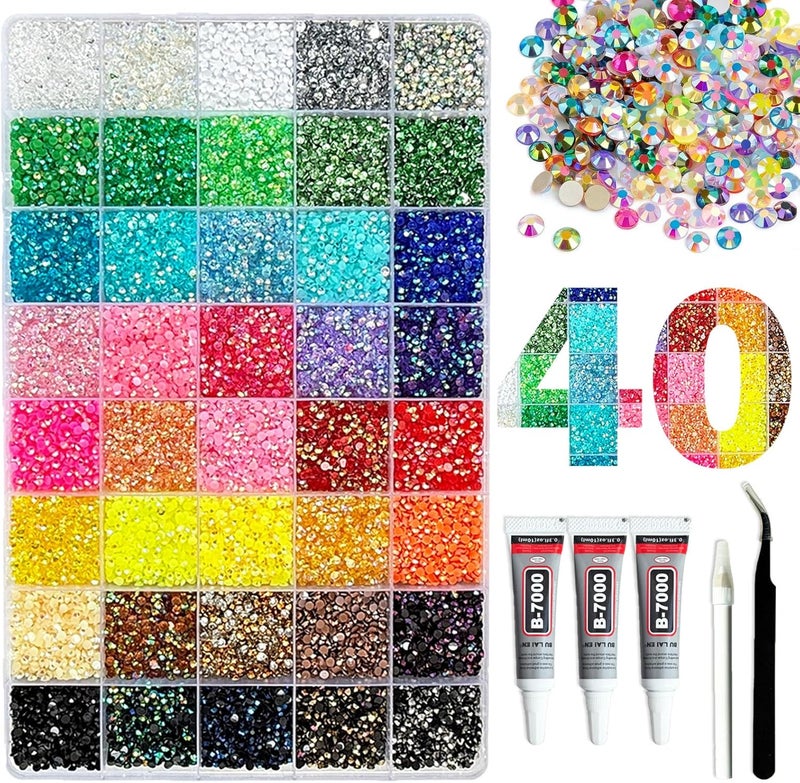 CXPHT 36000Pcs Resin Jelly Rhinestones for Bedazzling,40 Colors 3mm Flatback Gems Bedazzling Kit with 3Pcs 10ml B7000 Glue for Clothing Nail Art Shoes Crafting Makeup (40 Colors+3 Pcs Glue) - Image 1