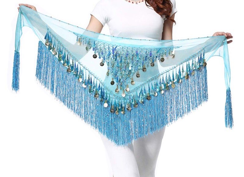 Lauthen.S Belly Dance Hip Scarf with Tassels Sequins, Triangle Coins Wrap Skirt Music Festival Clothing Blue - Image 2
