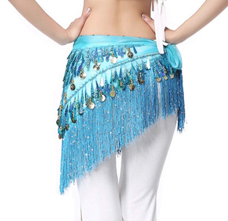 Lauthen.S Belly Dance Hip Scarf with Tassels Sequins, Triangle Coins Wrap Skirt Music Festival Clothing Blue - Image 3
