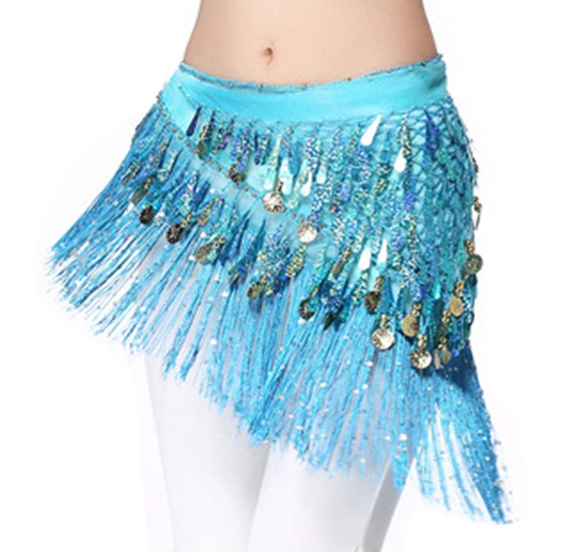 Lauthen.S Belly Dance Hip Scarf with Tassels Sequins, Triangle Coins Wrap Skirt Music Festival Clothing Blue - Image 4