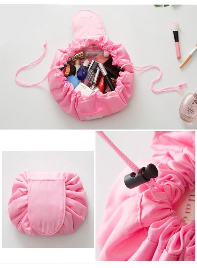 Makeup Bag Travel Drawstrings Large Cosmetic Organizer Portable Brush Holder Jewelry Bathroom Toiletry Kit Storage Waterproof Fashion with Double Zipper Pouch for Women Purse (Pink) - Image 3