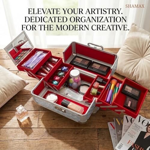 SHAMAX® Mettalic Professional Vanity Case 4 Trays with Adjustale Dividers Makeup Case for Makeup Artist with Lock and Compartments Wedding Bride/Gifting/sagai (Large Capacity) (5M/Silver) - Image 3