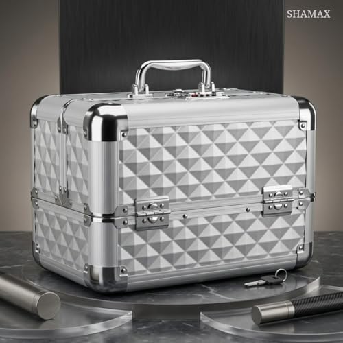 SHAMAX® Mettalic Professional Vanity Case 4 Trays with Adjustale Dividers Makeup Case for Makeup Artist with Lock and Compartments Wedding Bride/Gifting/sagai (Large Capacity) (5M/Silver) - Image 4