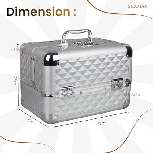 SHAMAX® Mettalic Professional Vanity Case 4 Trays with Adjustale Dividers Makeup Case for Makeup Artist with Lock and Compartments Wedding Bride/Gifting/sagai (Large Capacity) (5M/Silver) - Image 2