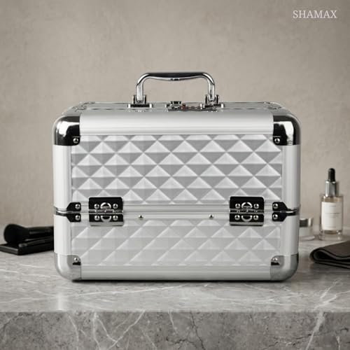SHAMAX® Mettalic Professional Vanity Case 4 Trays with Adjustale Dividers Makeup Case for Makeup Artist with Lock and Compartments Wedding Bride/Gifting/sagai (Large Capacity) (5M/Silver) - Image 5