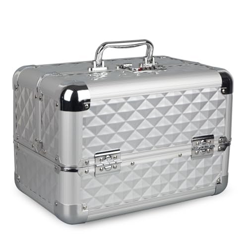 SHAMAX® Mettalic Professional Vanity Case 4 Trays with Adjustale Dividers Makeup Case for Makeup Artist with Lock and Compartments Wedding Bride/Gifting/sagai (Large Capacity) (5M/Silver) - Image 1