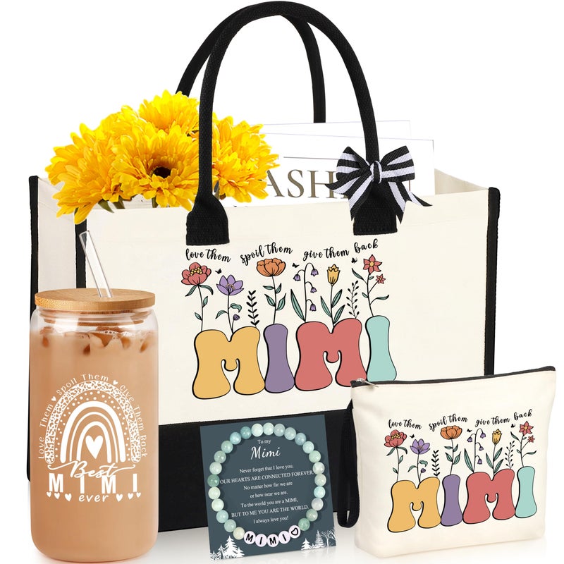 DOGMEM DOGMEM Mimi Gifts Mimi Gifts for Grandma Tote Bag Grandma Birthday Gifts Great Grandma Christmas Gifts for Mimi Grandma Gift Set Ideas Tote Bag Makeup Bag 16 Oz Can Glass Mimi Bracelet Gifts  - Image 1