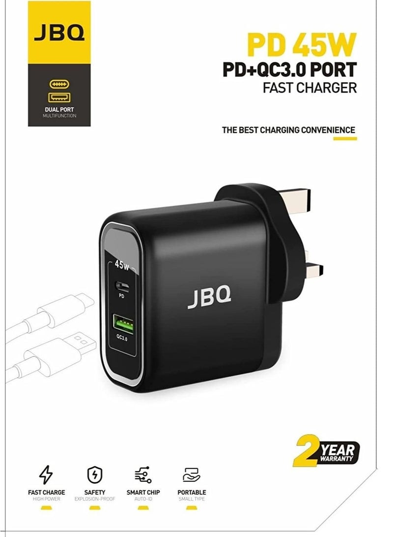 JBQ 45W PD + QC3.0 Port Fast Wall Charger Black HC-745 - Image 2