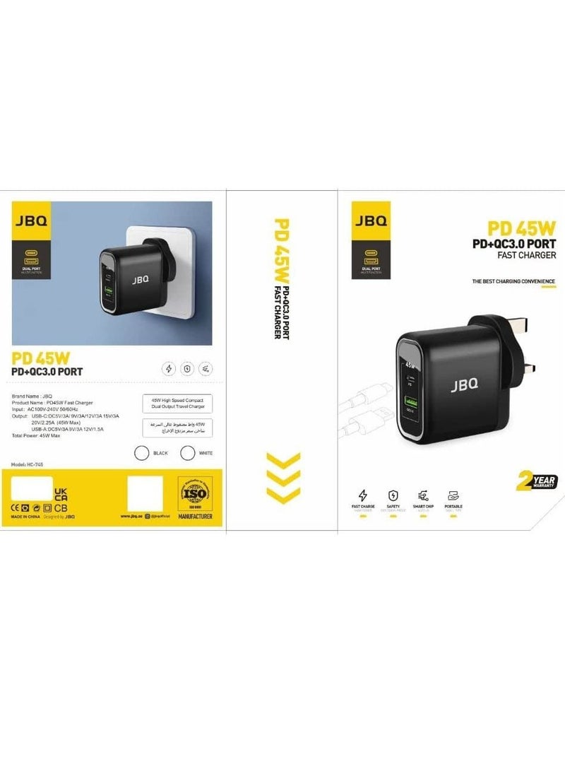 JBQ 45W PD + QC3.0 Port Fast Wall Charger Black HC-745 - Image 3