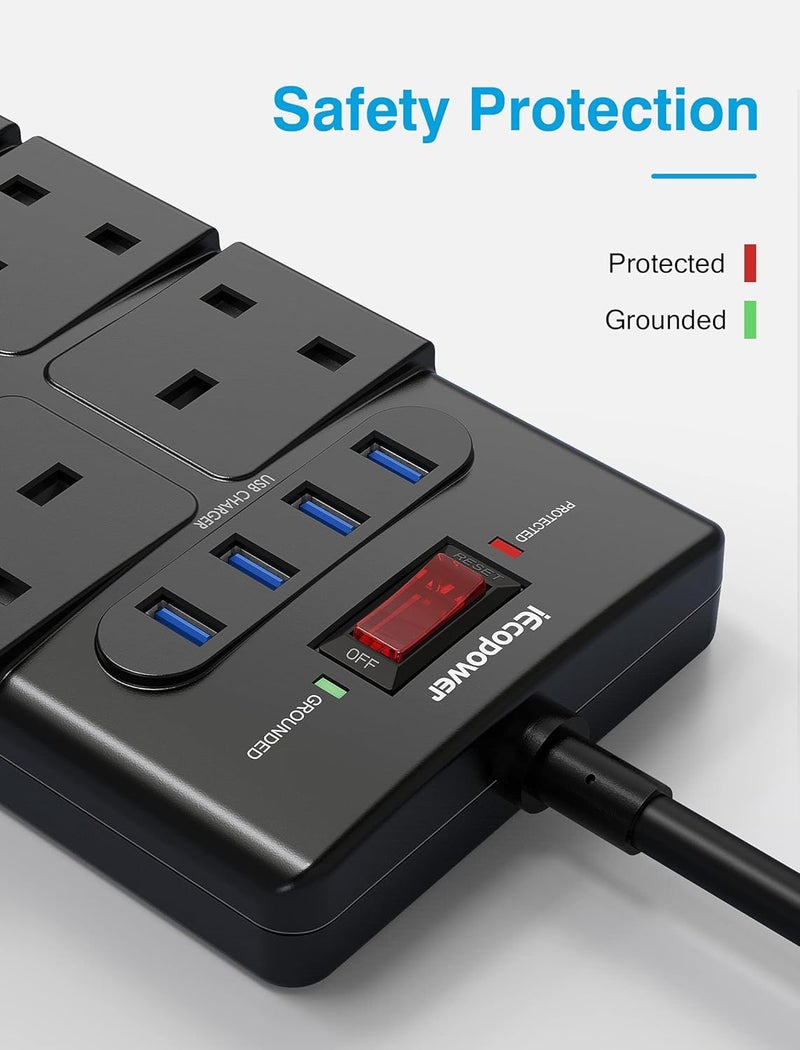 IECOPOWER 8 Way Extension Lead Surge Protection, 1050 Joules, 13A/ 3250W Power Strip Surge Protector with 4 USB Slots, Wall Mount Multi Socket Plug Extension Cord 1.5m Black - Image 4
