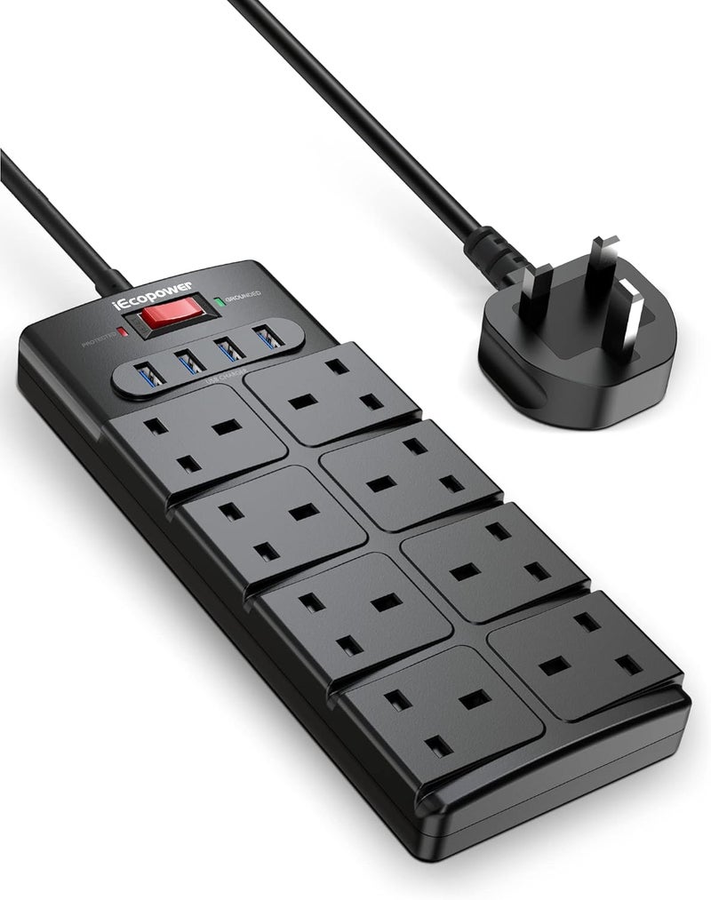 IECOPOWER 8 Way Extension Lead Surge Protection, 1050 Joules, 13A/ 3250W Power Strip Surge Protector with 4 USB Slots, Wall Mount Multi Socket Plug Extension Cord 1.5m Black - Image 1
