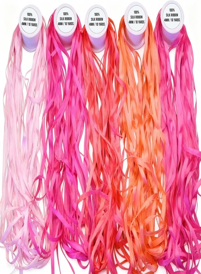 ThreadNanny New ThreadNanny 5 Spools of 100% Pure Silk Ribbons - Pink Tones - 50 MTS x 4mm - Image 1