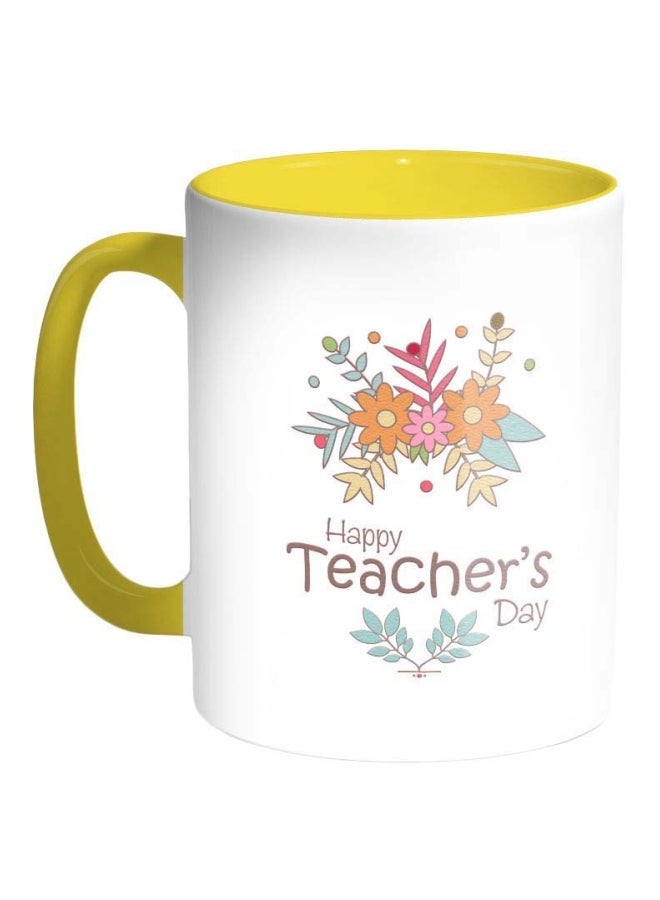 RYN Happy Teachers Day Printed Coffee Mug Yellow/White/Pink 325ml