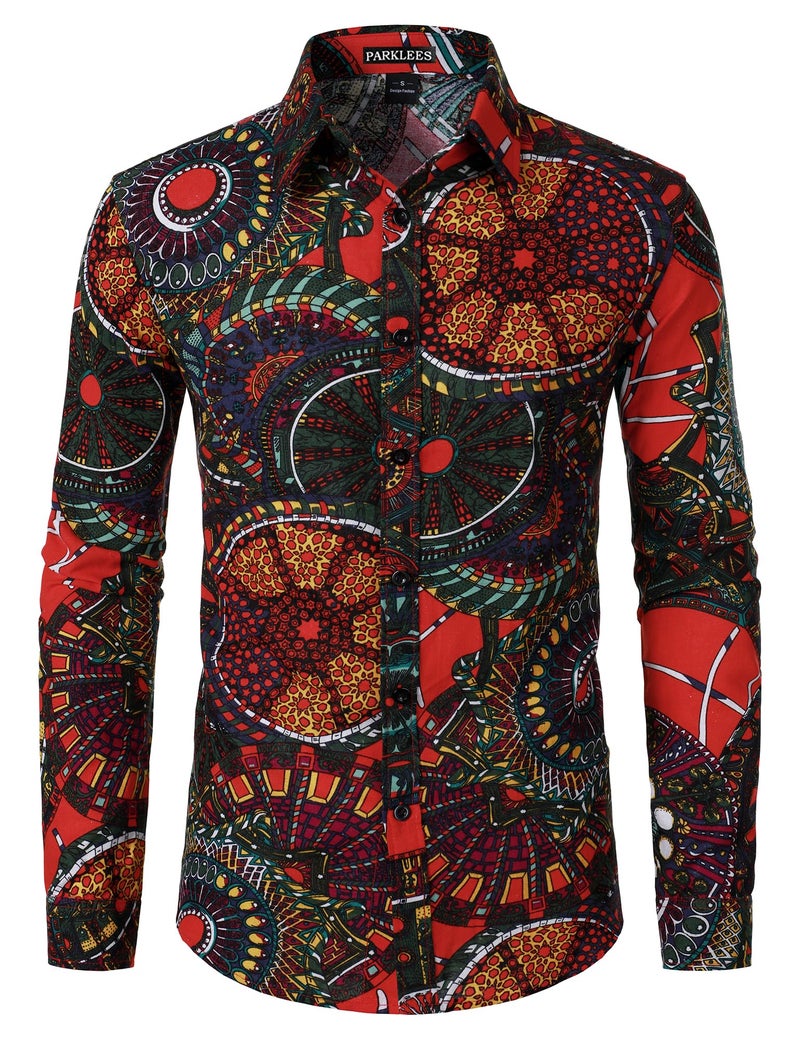 PARKLEES Men's 70s Disco Hippie Long Sleeve Shirts Retro Pattern Printed Cotton Linen Button Down Shirt Red Large - Image 1