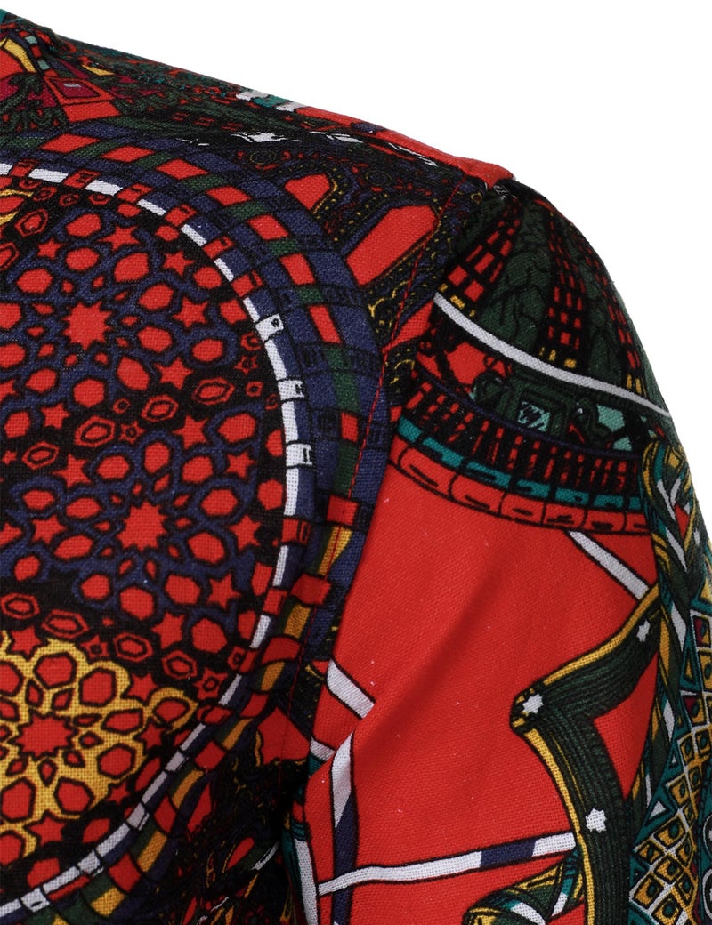 PARKLEES Men's 70s Disco Hippie Long Sleeve Shirts Retro Pattern Printed Cotton Linen Button Down Shirt Red Large - Image 4