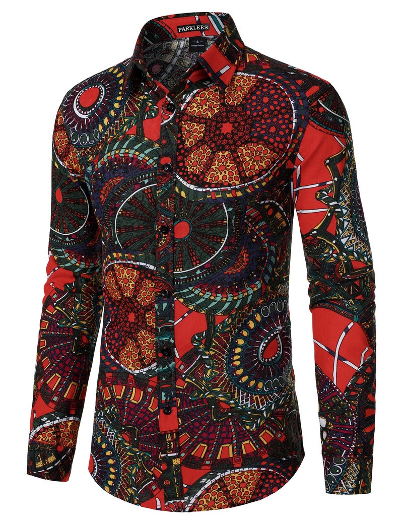 PARKLEES Men's 70s Disco Hippie Long Sleeve Shirts Retro Pattern Printed Cotton Linen Button Down Shirt Red Large - Image 2