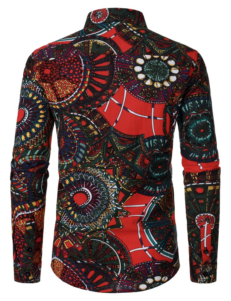 PARKLEES Men's 70s Disco Hippie Long Sleeve Shirts Retro Pattern Printed Cotton Linen Button Down Shirt Red Large - Image 3
