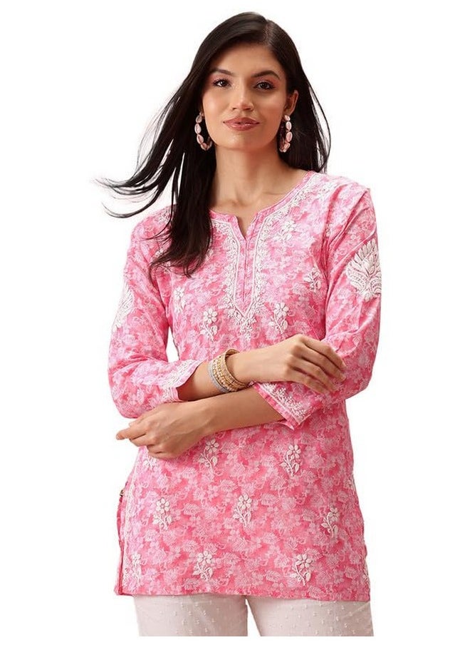 ADA - Ada Hand Embroidered Cotton Lucknow Chikankari Short Kurti Top for Girls & Women A911207 (M, Pink) - Image 1