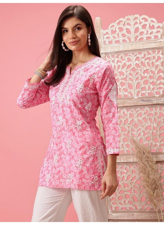 ADA - Ada Hand Embroidered Cotton Lucknow Chikankari Short Kurti Top for Girls & Women A911207 (M, Pink) - Image 1