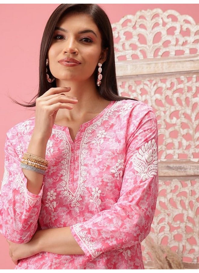 ADA - Ada Hand Embroidered Cotton Lucknow Chikankari Short Kurti Top for Girls & Women A911207 (M, Pink) - Image 1