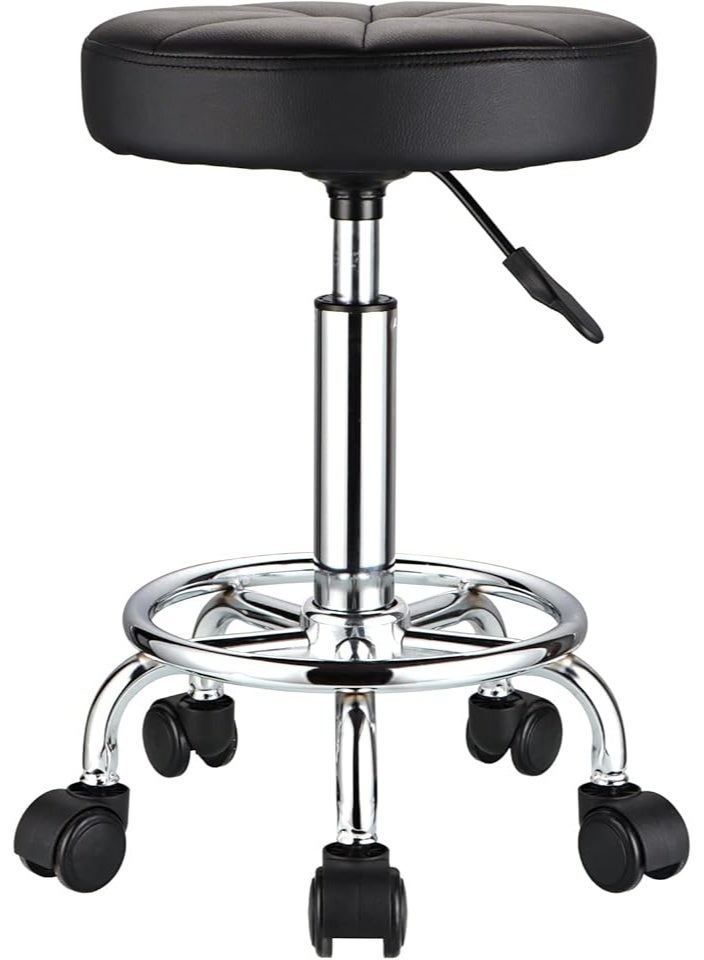 Swivel Rolling Stool with Wheels – PU Leather, Height Adjustable, Round Seat, Black – Ideal for Home, Office, Salon, Clinic - Image 1
