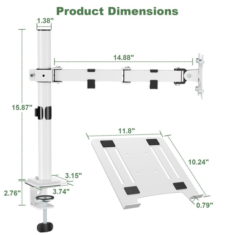UPGRAVITY White Laptop Desk Mount with Vented Tray for Notebook up to 17 inch, Fully Adjustable Single Laptop Arm Stand Holds up to 17.6 lbs, Clamp on/Grommet Mounting - Image 3