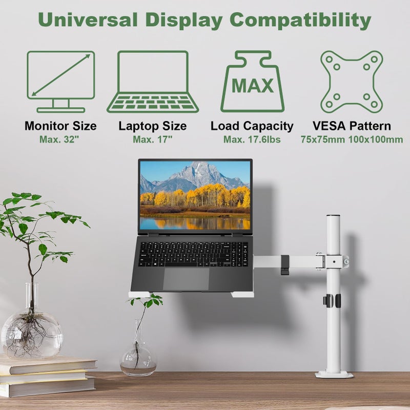 UPGRAVITY White Laptop Desk Mount with Vented Tray for Notebook up to 17 inch, Fully Adjustable Single Laptop Arm Stand Holds up to 17.6 lbs, Clamp on/Grommet Mounting - Image 2