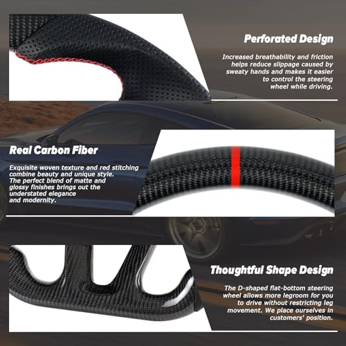 LOSCHEN Steering Wheel for Dodge, 3K Real Carbon Fiber Steering Wheel for Dodge/Jeep Grand Cherokee/SXT/GT/RT/SRT/HELLCAT, Perforated Leather Upgrade D-shaped Flat-bottom - Image 3