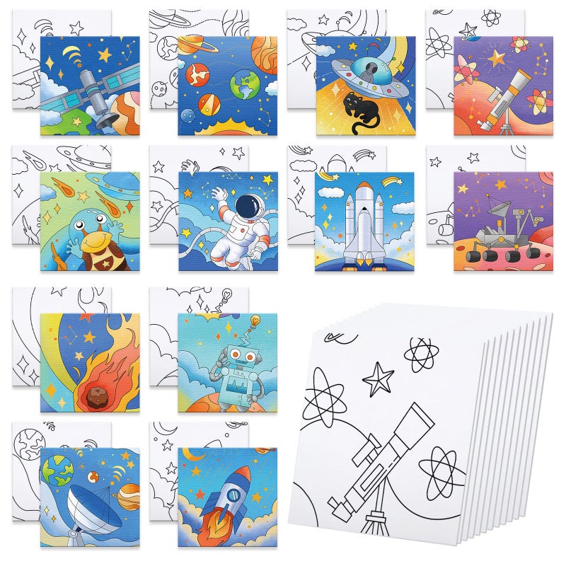 Anseal 12 Packs Pre Drawn Canvas to Paint, 4" X 4" Space Pre-Printed Canvas Paint Party for Kids, Stretched Outline Painting Boards for Beginners, Students, Party Favor - Image 1