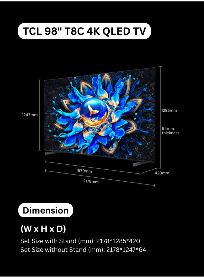 TCL 98-inch 98T8C QLED 4K Smart TV (2026 - International Version) - TCL Google TV | AiPQ Pro Processor | HVA Panel | 144Hz Native Refresh Rate | ONKYO 2.1 Hi-Fi System | Slim & Uni-body | 98T8C Black - Image 2