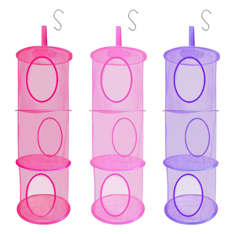 LIVEHITOP 3PC Toys Storage Hanging Mesh Basket Chest Soft Teddy Hammock Collapsible Net 3 Tier Space Save Organizer Gifts for Children Cuddly Bedroom Tidy Pink Rose Purple